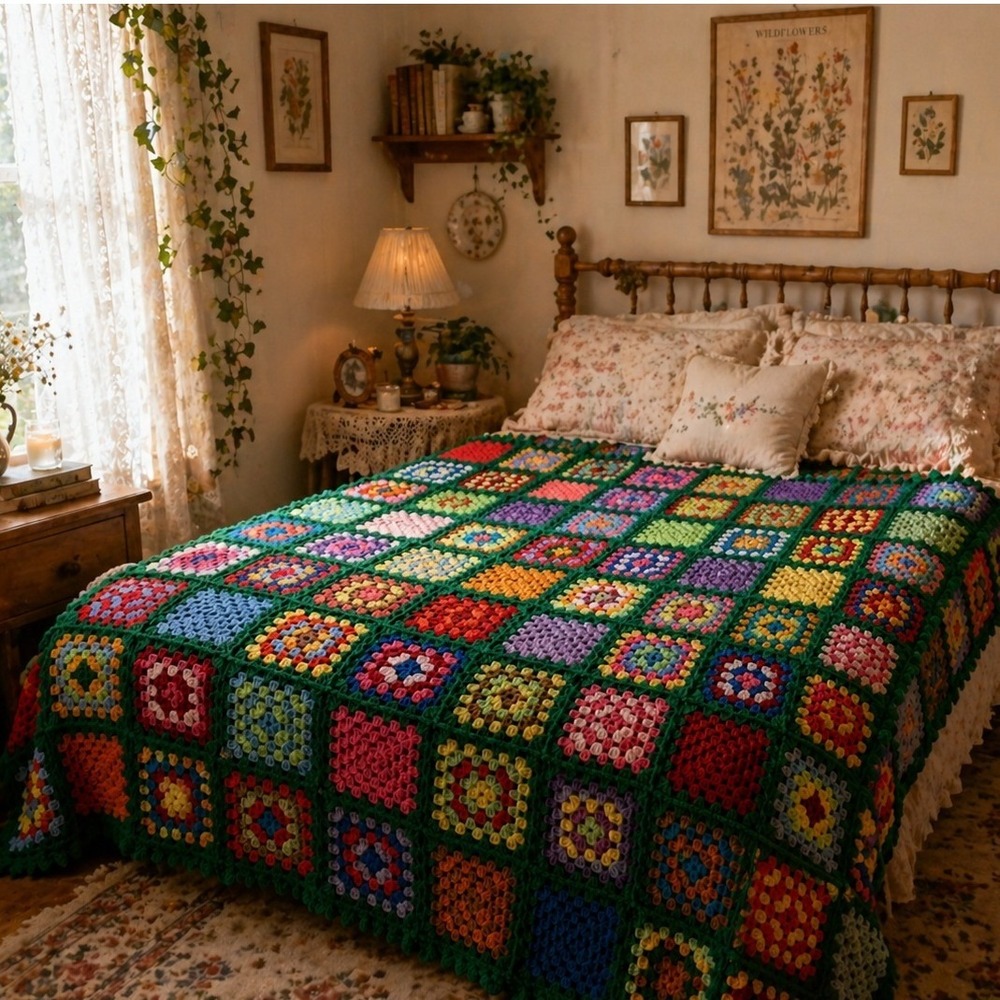 Vintage Handmade Crochet Granny Square Blanket Multicolor Green Afghan Throw‎